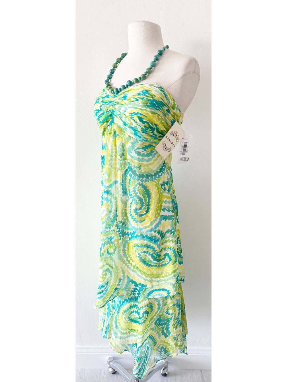 Vintage Deadstock Y2K Sangria Silk Beaded Halter Neck Summer Dress Size 14 - Picture 2 of 10